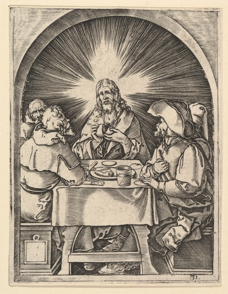 Christ at Emmaus, from "The Passion of Christ", after Dürer by Marcantonio Raimondi, print, 1495-1539