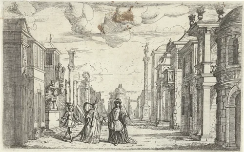 Heerserpaar met hun zoon in een straat by Jan van Ossenbeeck, print, 1663-1674