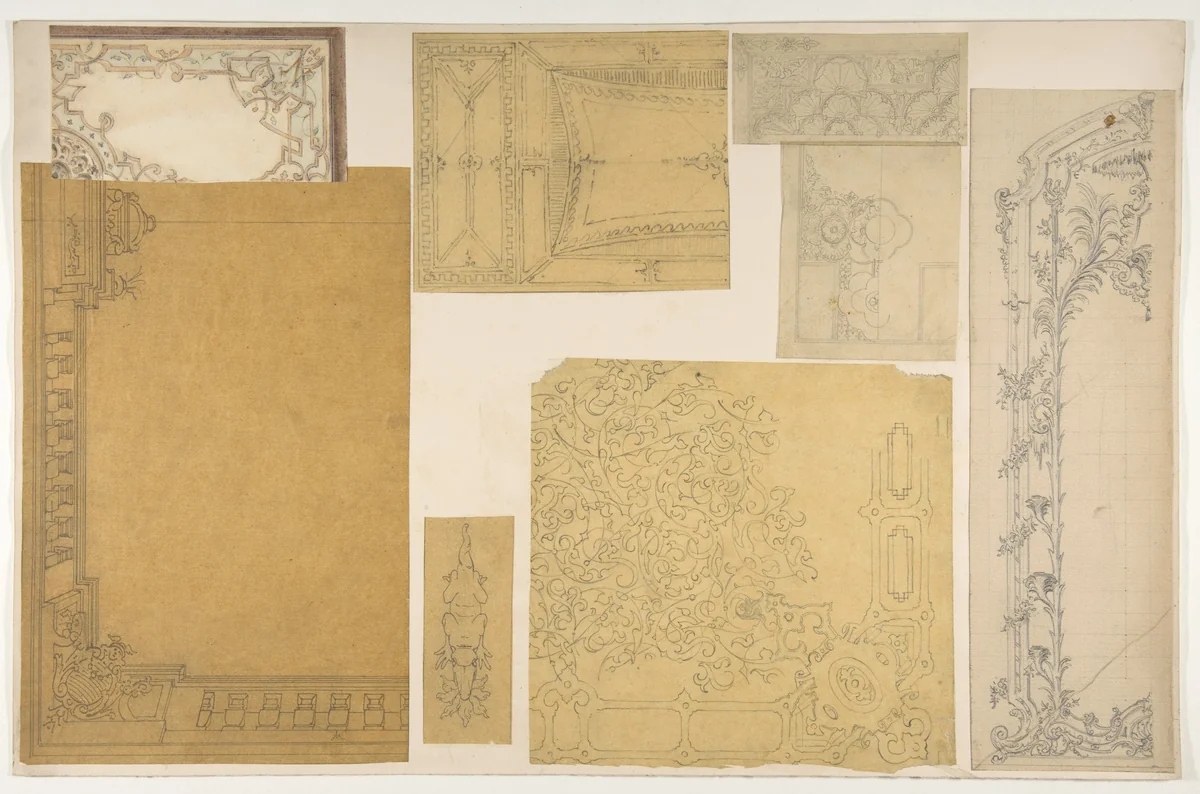 Eight designs of the ornamentation of ceilings and walls, probably for the Duc de Mouchy by Jules-Edmond-Charles Lachaise, drawing, 1850-1900