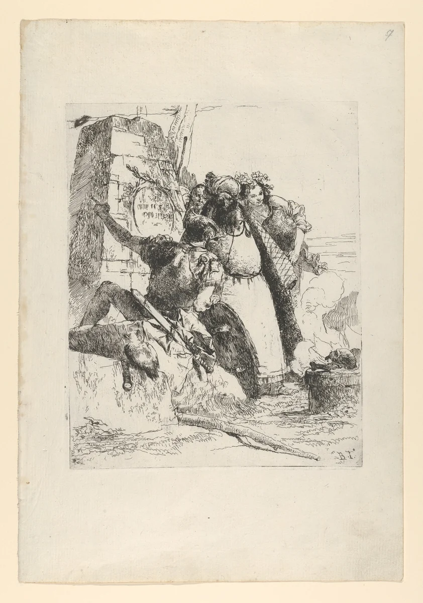 A magician, a soldier and three figures watching a burning skull from the Scherzi di Fantasia by Giovanni Battista Tiepolo, print, 1738-1755