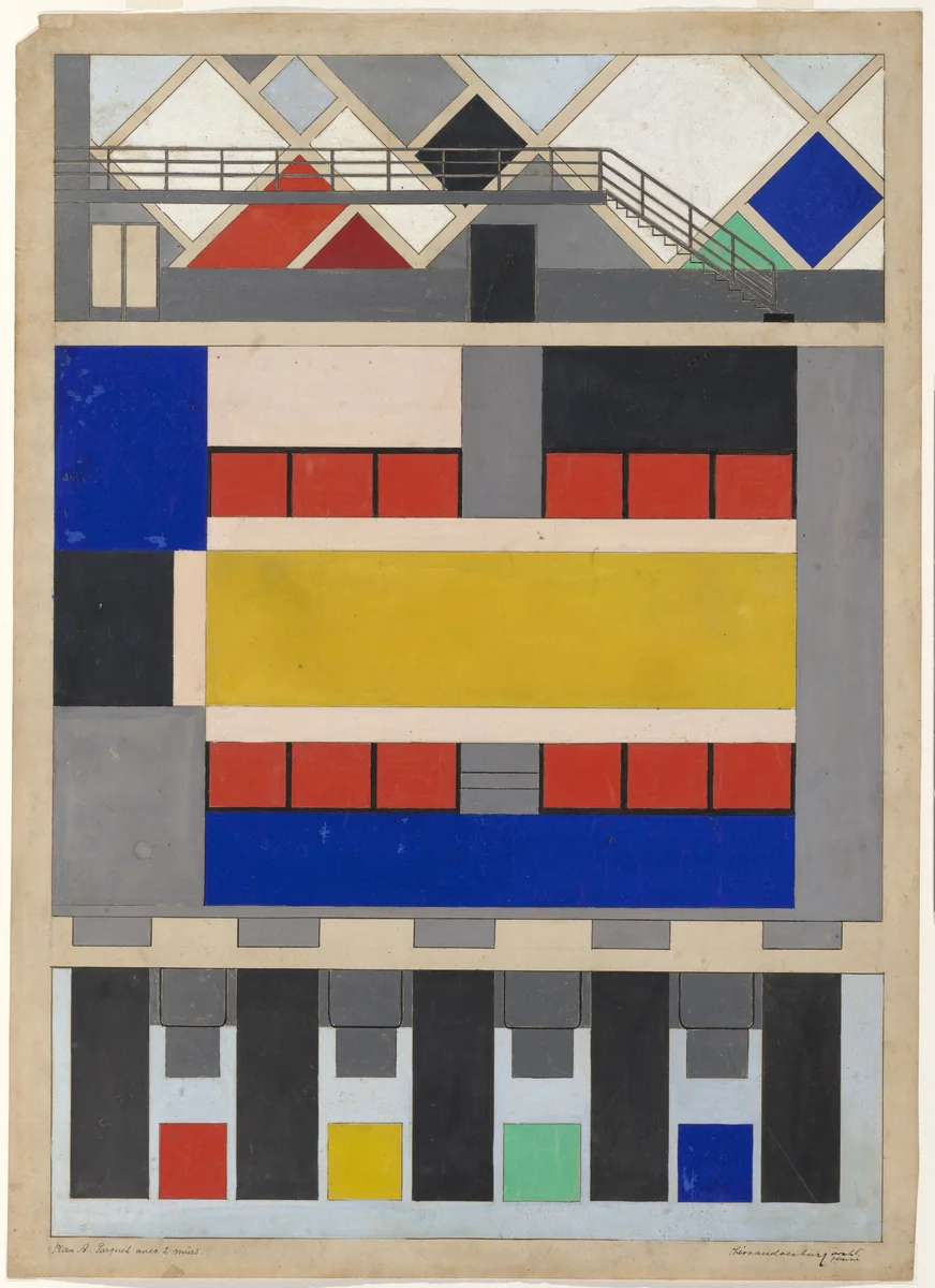 Preliminary color scheme for floor and long walls of dance hall in Café Aubette, Strasbourg, France by Theo van Doesburg, architecture, 1927
