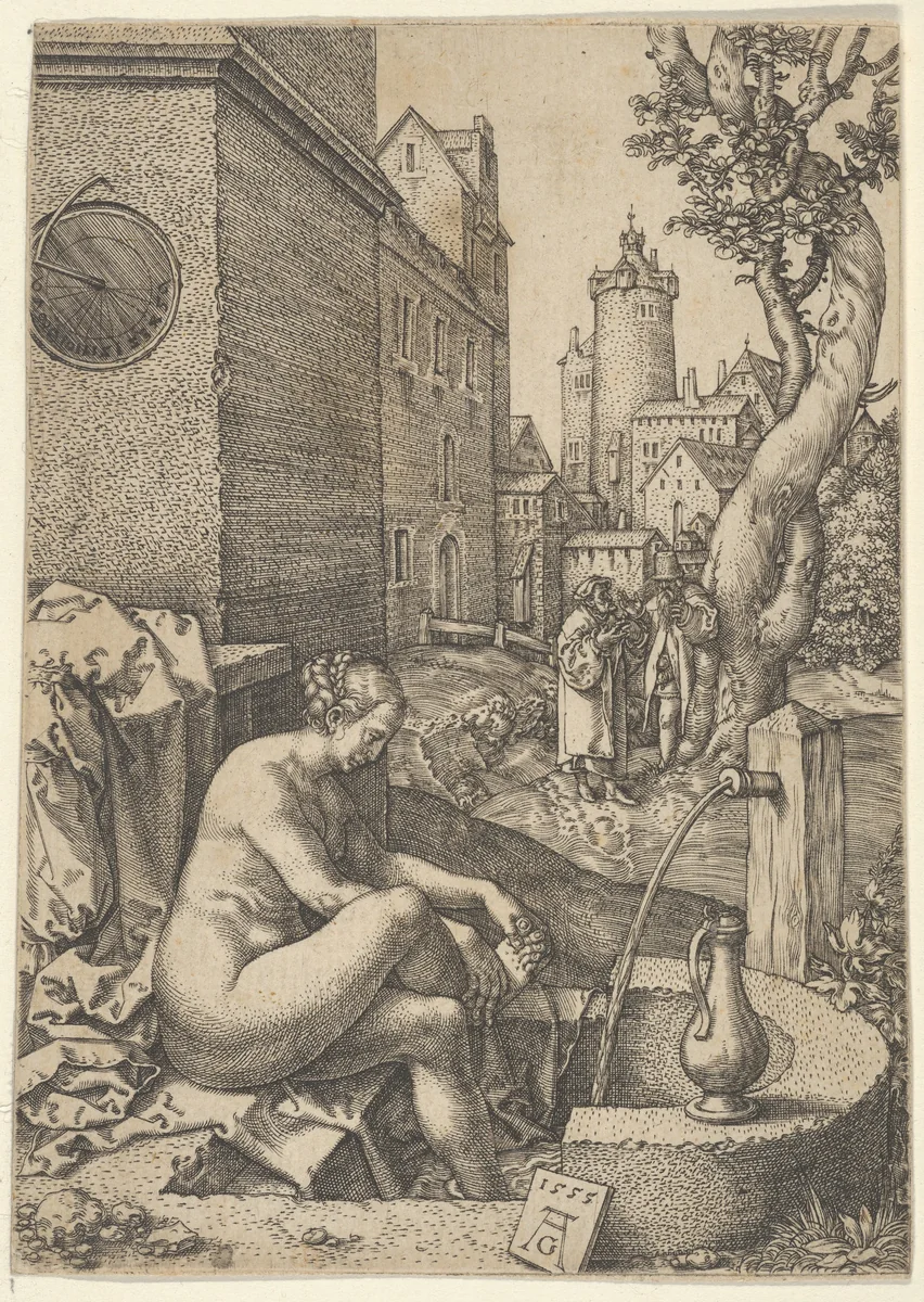 Susanna Surprised by the Elders, from The Story of Susanna by Heinrich Aldegrever, print, 1555-1580