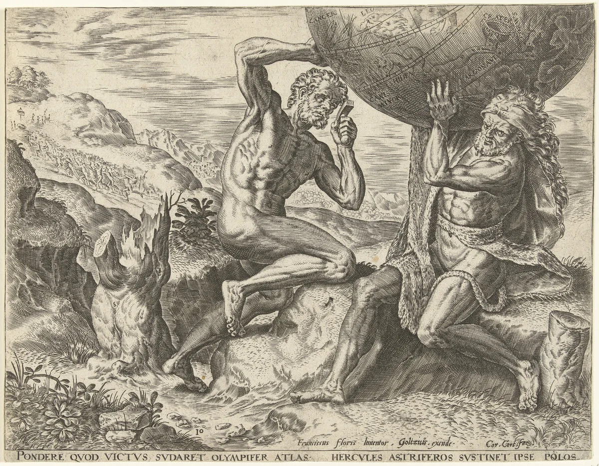 Hercules torst de wereldbol voor Atlas by Unknown, print, 1563-1595