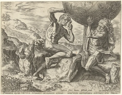 Hercules torst de wereldbol voor Atlas by Unknown, print, 1563-1595
