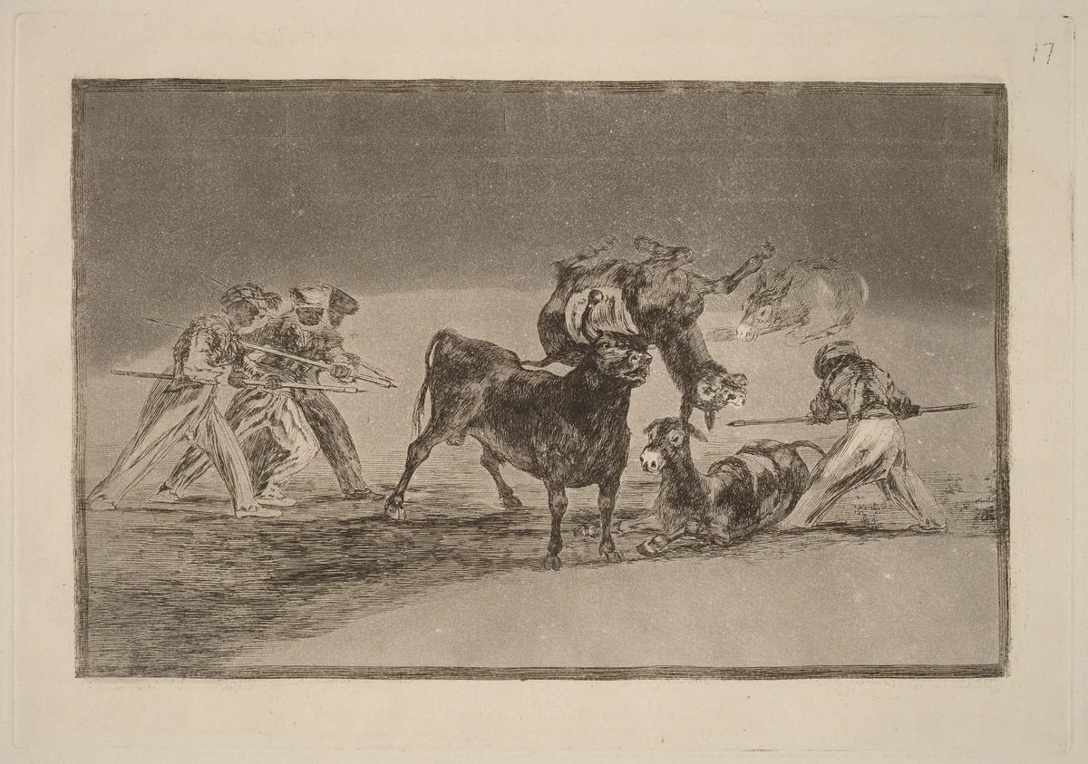 Palenque de los moros hecho con burros para defenderse del toro embolado (The Moors Use Donkeys as a Barrier to Defend Themselves against the Bull Whose Horns have been Tipped with Balls) by Francisco Goya, portfolio, 1816