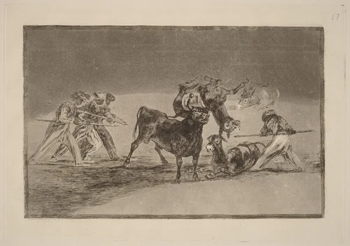 Palenque de los moros hecho con burros para defenderse del toro embolado (The Moors Use Donkeys as a Barrier to Defend Themselves against the Bull Whose Horns have been Tipped with Balls) by Francisco Goya, portfolio, 1816