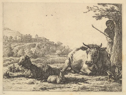 Cow, adult sheep, and young sheep lying in the grass; beyond, a shepherd stands partially behind a tree by Karel Dujardin, print, 1656