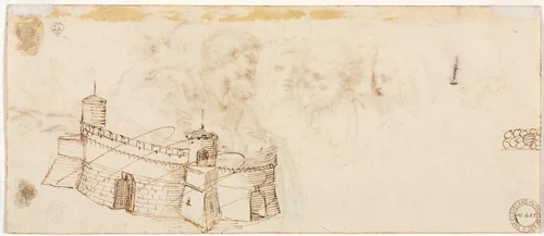 Crenelated Fortress (verso) by Agostino Carracci, drawing, 1550-1602