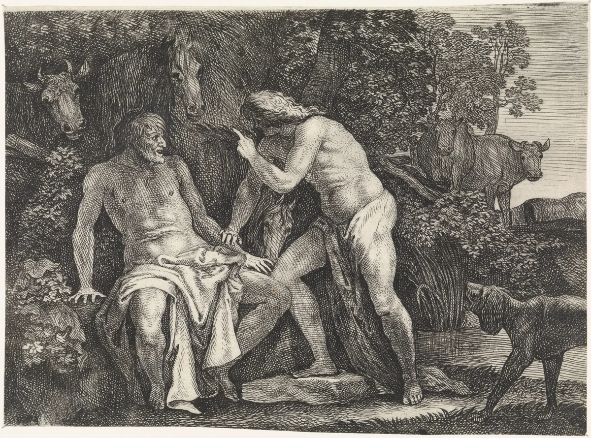 Mercurius beschuldigt Battus by Moyses van Wtenbrouck, print, 1600-1647