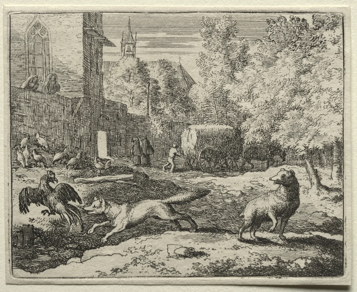 Reynard the Fox: Reynard Chasing Hens by Allart van Everdingen, print, 1650-1675