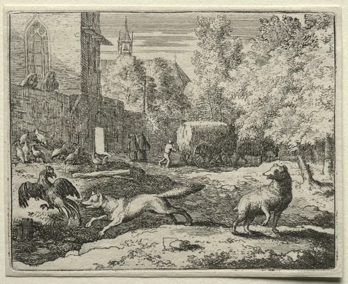 Reynard the Fox: Reynard Chasing Hens by Allart van Everdingen, print, 1650-1675