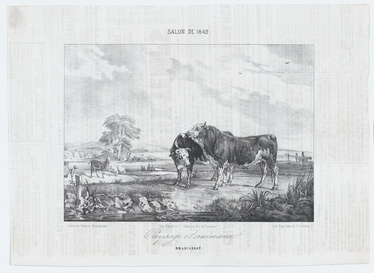 Salon of 1842: Landscape with Animals by Jules Robert Pierre Joseph Challamel, print, 1842
