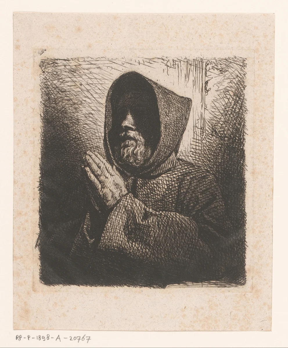 Hoofd van een biddende monnik met baard by Charles Emile Jacque, print, 1845