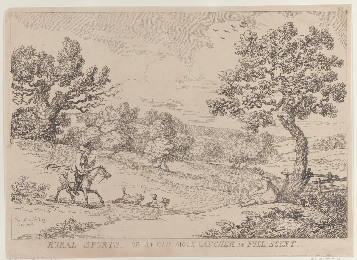 Rural Sports, or an Old Mole Catcher in Full Scent by Thomas Rowlandson, print, 1811