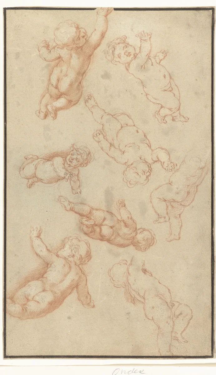 Studieblad met acht zwevende putti by Abraham Bloemaert, drawing, 1574-1651