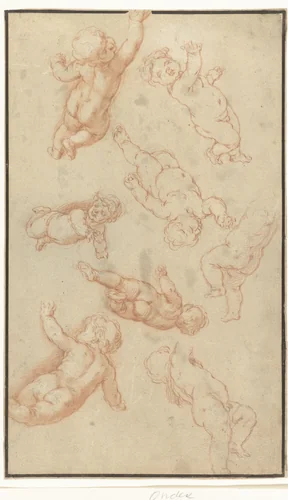 Studieblad met acht zwevende putti by Abraham Bloemaert, drawing, 1574-1651