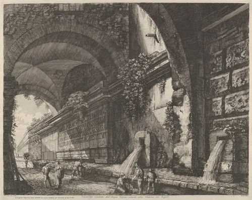 View of the ancient aquaduct and fountains situated near the Chiavica del Bufalo in Rome, from "Le Antichita di Roma" by Luigi Rossini, print, 1822
