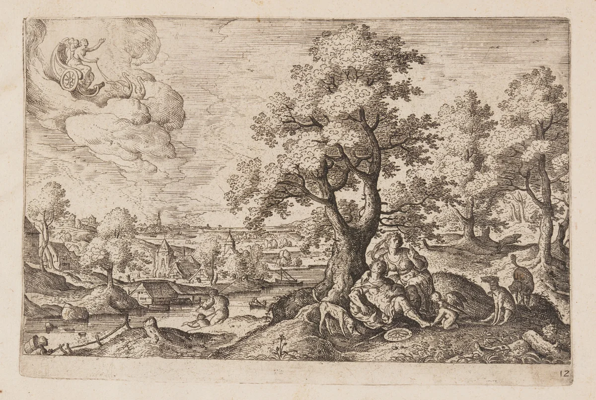 Plate 12, from Landscapes with Scenes from the Old and New Testament and Ovid’s Metamorphoses by Hans Bol, print, 1574