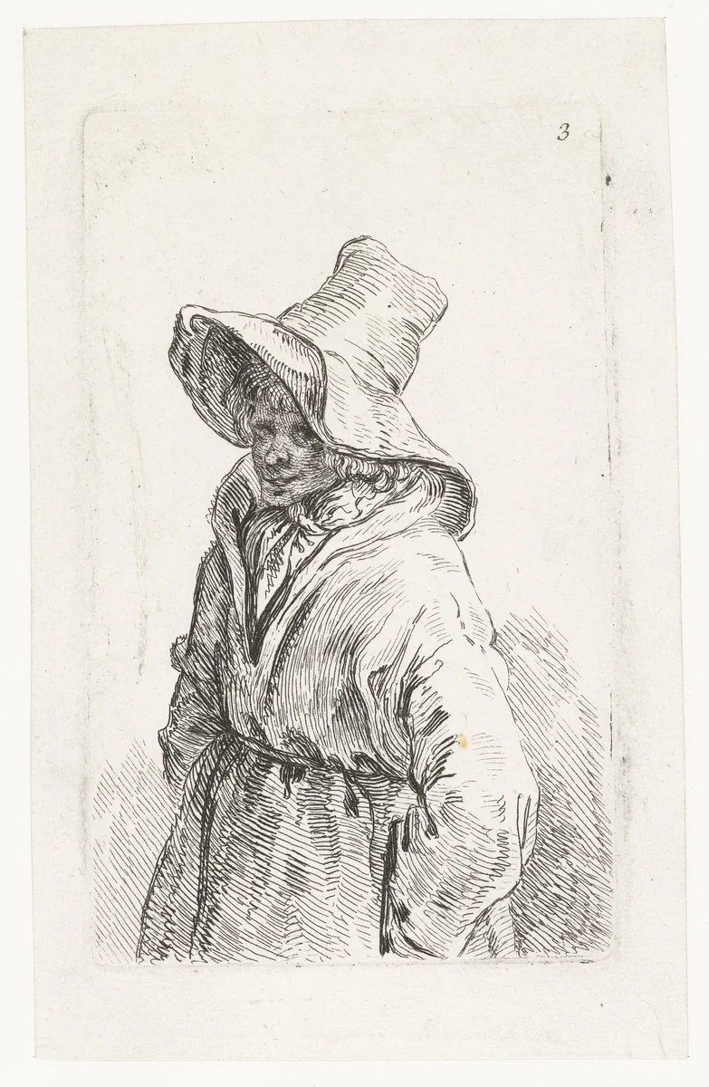 Vrouw met een grote hoed by François Boucher, print, 1727-1755