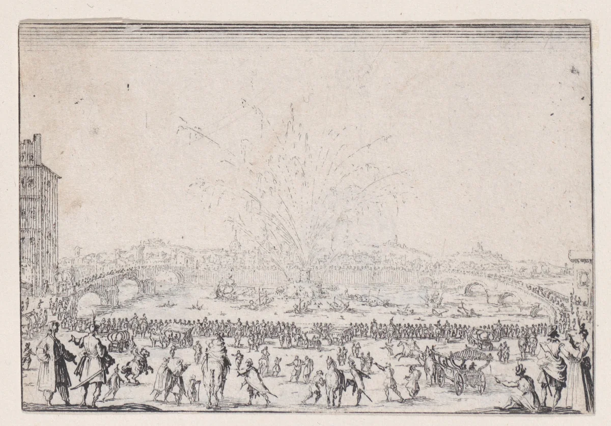 Le Feu d'Artifice sur l'Arno (Fireworks on the Arno), from "Les Caprices" Series A, The Florence Set by Jacques Callot, print, 1617