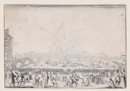 Le Feu d'Artifice sur l'Arno (Fireworks on the Arno), from "Les Caprices" Series A, The Florence Set by Jacques Callot, print, 1617