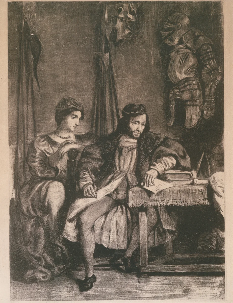 Scene from Goethe's 'Götz' (Götz von Berlichingen Writing his Memoirs) by Eugène Delacroix, print, 1836-1863