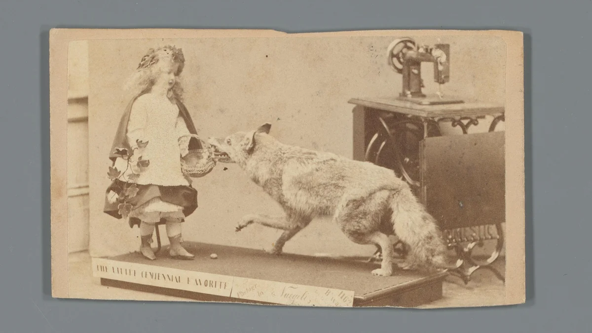 Opgezette vos en pop gekleed als Roodkapje met daarachter een naaimachine van Domestic Sewing Machine Company by anonymous, photograph, 1850-1915