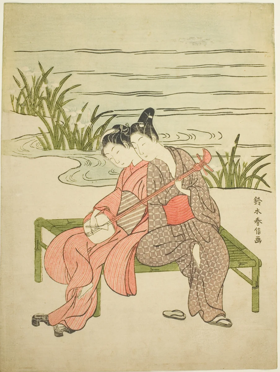 Lovers Playing the Same Shamisen (parody of Xuanzong and Yang Guifei) by Suzuki Harunobu (鈴木春信), print, 1762-1770