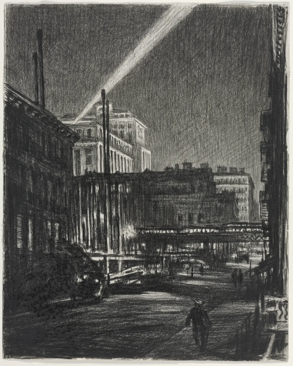 New York Night (recto) by Muirhead Bone, drawing, 1920-1940