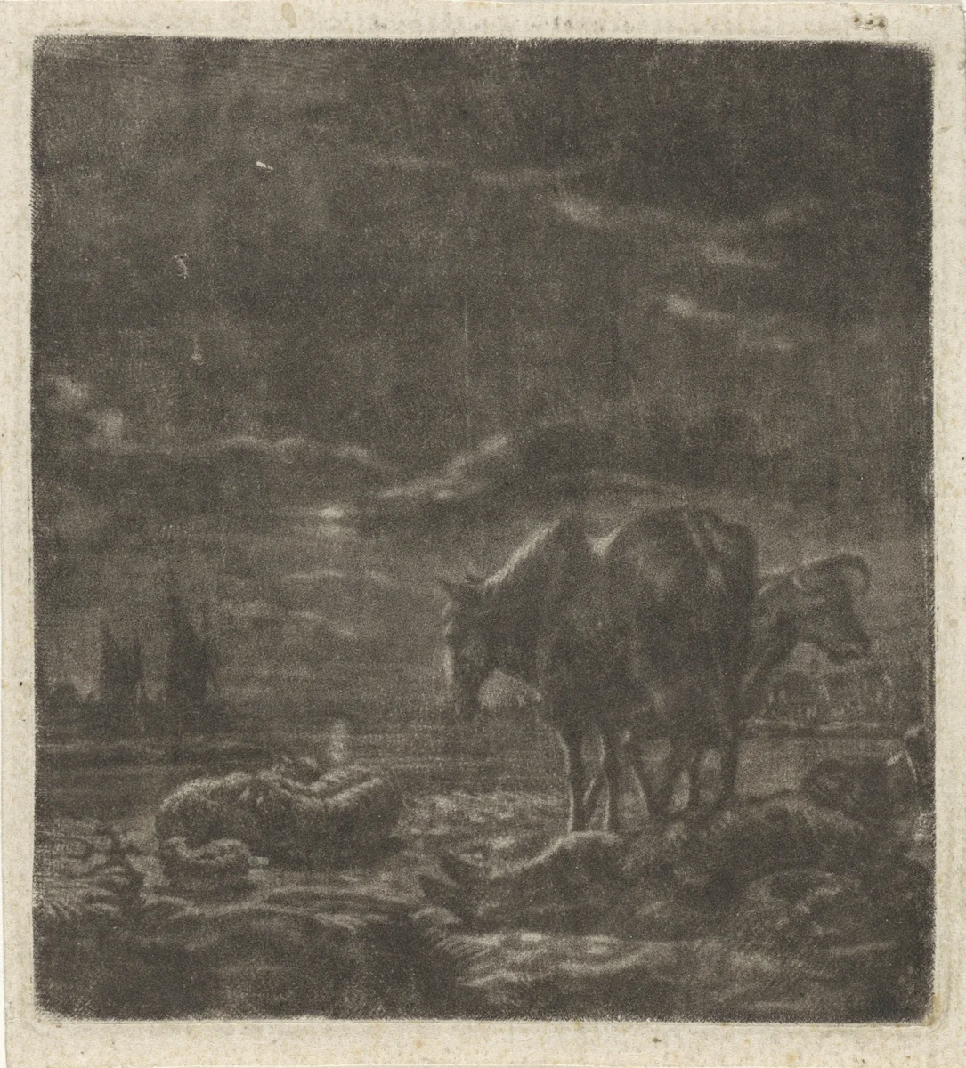 Nachtlandschap met slapende herder en vee by Vincent Laurensz. van der Vinne, print, 1696-1742