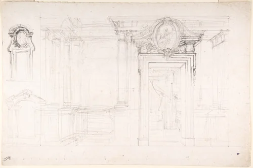 Architectural Sketch for the design of a Wall with Doorway, with two smaller sketches for the design of windows or doorways (recto); Sketches for a plan and partial perspective view of ceiling (verso) by Luigi Vanvitelli, drawing, 1700-1773