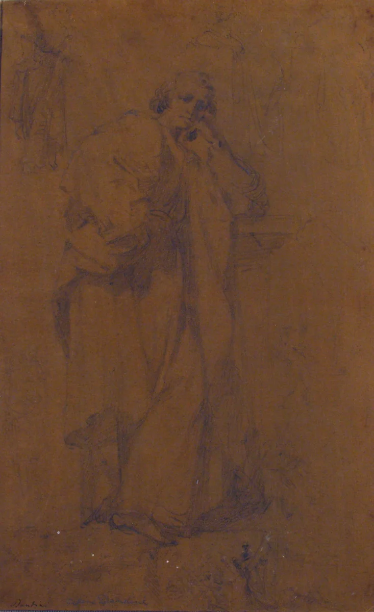 Standing Draped Male Figure, His Left Arm Resting on a Pillar by Cesare Dandini, drawing, 1596-1656