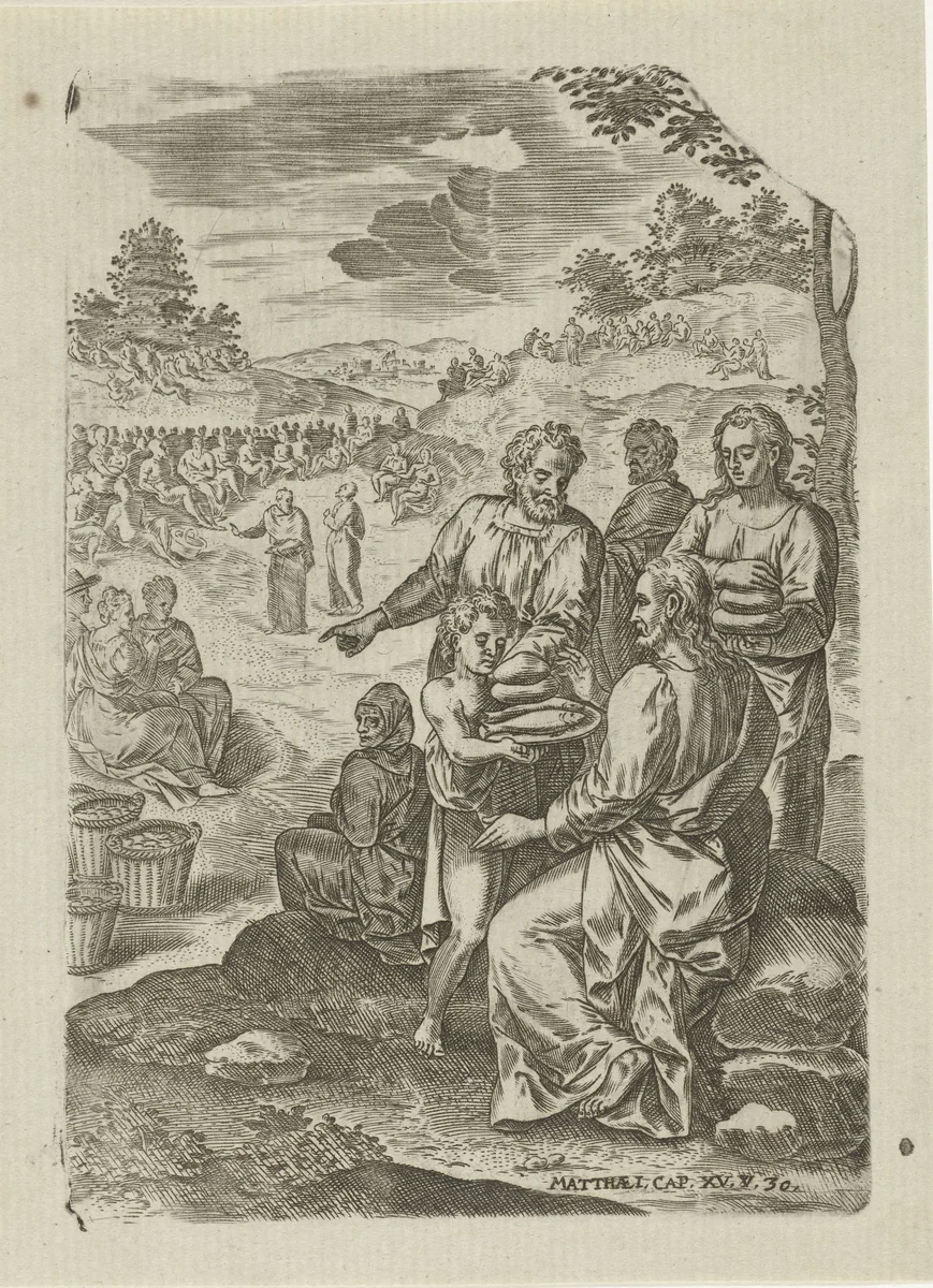 Het wonder van de zeven broden en de twee vissen by Abraham de Bruyn, print, 1583