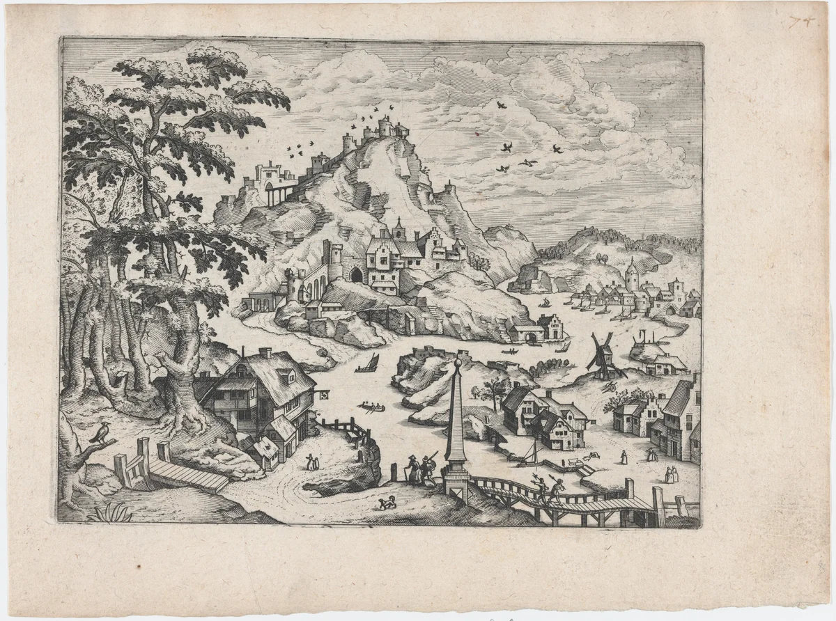 River Valley with Obelisk by Lucas Gassel, print, 1555-1575