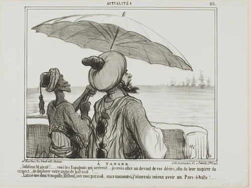 In Tangiers. “- Sublime Majesty... the Spanish are coming... in order to frighten them off I took the liberty to fully open your umbrella as a sign of your greatness! - Leave me alone with my umbrella, Belboul.... I would rather like to have an umbrella protecting me from their bullets,” plate 115 from Actualités by Honoré-Victorin Daumier, print, 1859