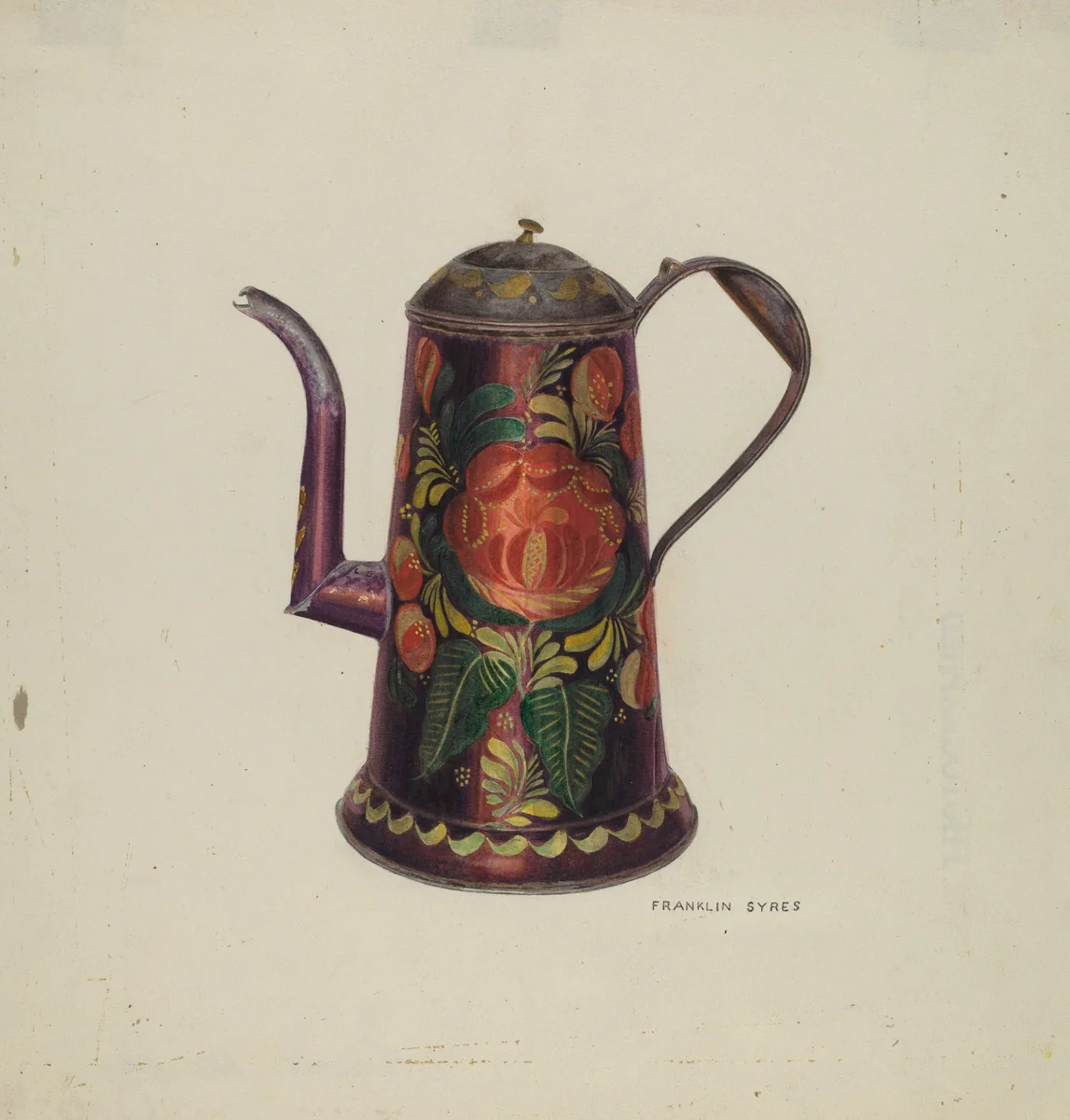 Toleware Tin Teapot by Franklyn Syres, index of american design, 1940