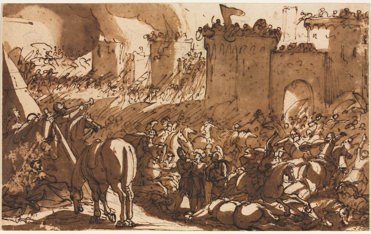 Battle Scene with a Fort by Antonio Tempesta, drawing, 1600-1630