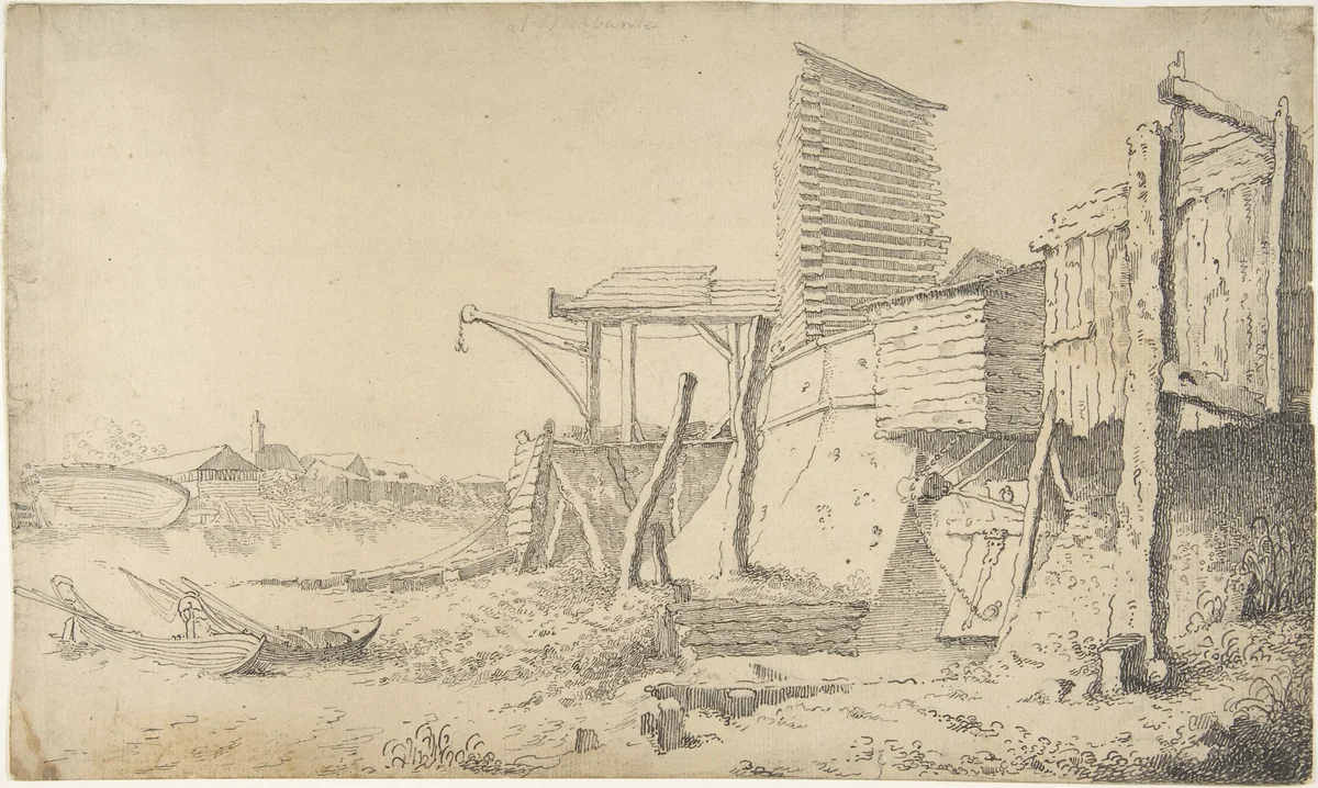 Building On a Riverbank by anonymous, drawing, 1760-1800