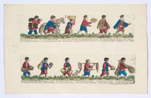 Plate 5 (second group) depicting the trades of Rome, here including vendors of coal, cheese, tripe etc, from the 'Descrición de las artes que se llaman para los calles de la ciudad de Roma' by Remondini, print, 1765-1805