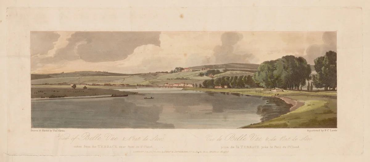 A Selection of Twenty of the Most Picturesque Views in Paris: View of Belle Vue & Pont de Sêve taken from the Terrace near Pont de St. Cloud by Thomas Girtin, print, 1802