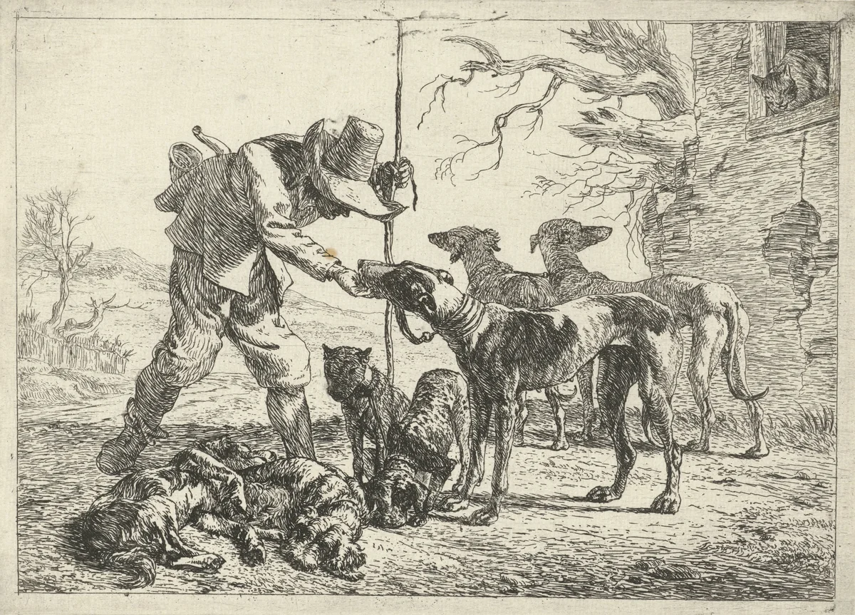 Jager met zeven honden by Pieter Bodding van Laer, print, 1636