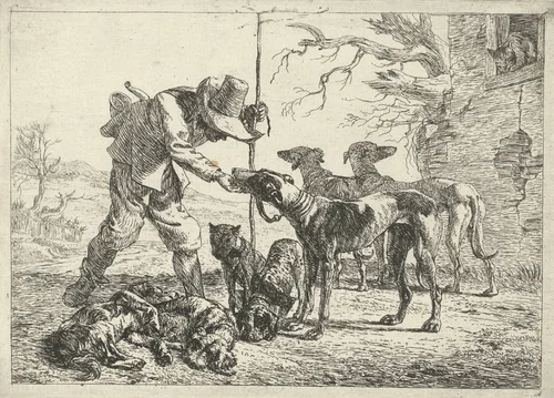 Jager met zeven honden by Pieter Bodding van Laer, print, 1636