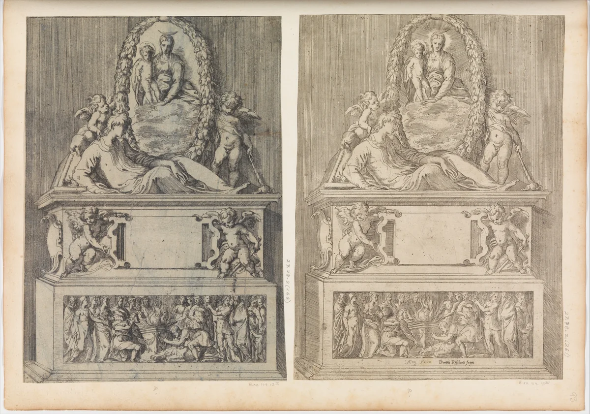 Tomb Surmounted by the Madonna and Child in an Oval Wreath by Angiolo Falconetto, print, 1555-1567