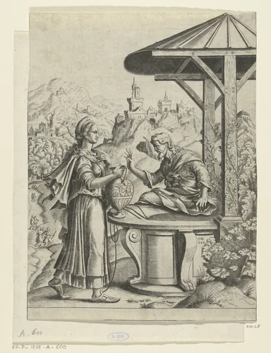Christus en de Samaritaanse vrouw by Unknown, print, 1548