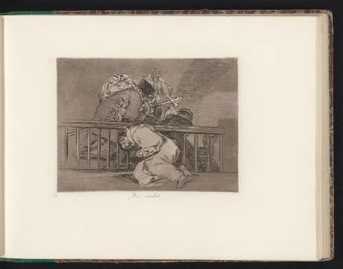 Geestelijke knielt bij een balustrade terwijl soldaten de kerkschatten roven by Francisco de Goya, book, 1810-1820