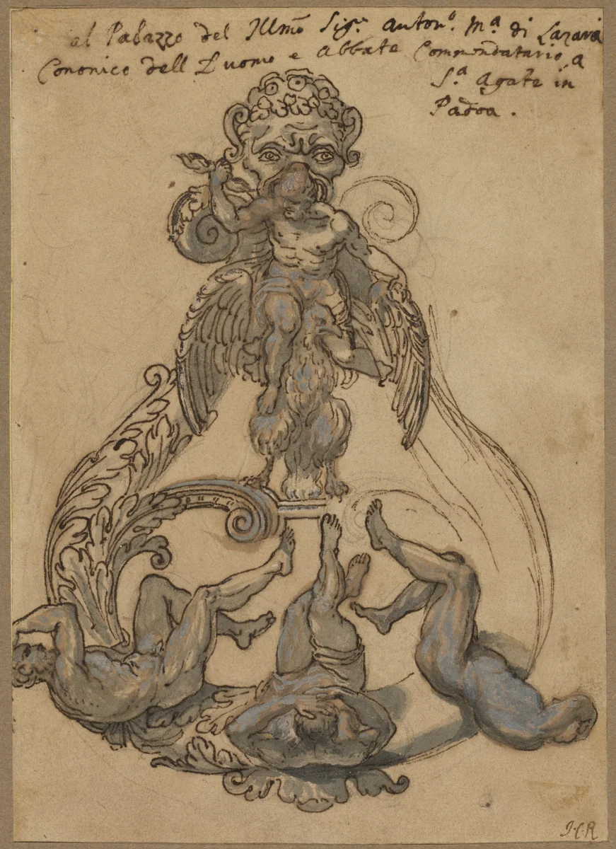 Door Knocker with Zeus Vanguishing Giants by Italian 17th Century, drawing, 1675-1725