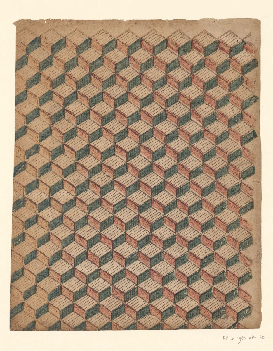 Blad met driedimensionaal blokkenpatroon by anonymous, other, 1750-1900