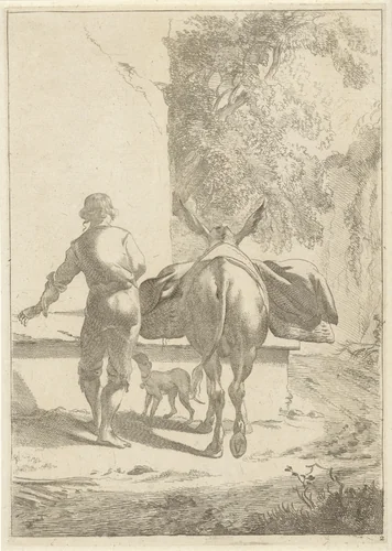 Ezel bij een waterbak by Jan de Visscher, print, 1643-1692