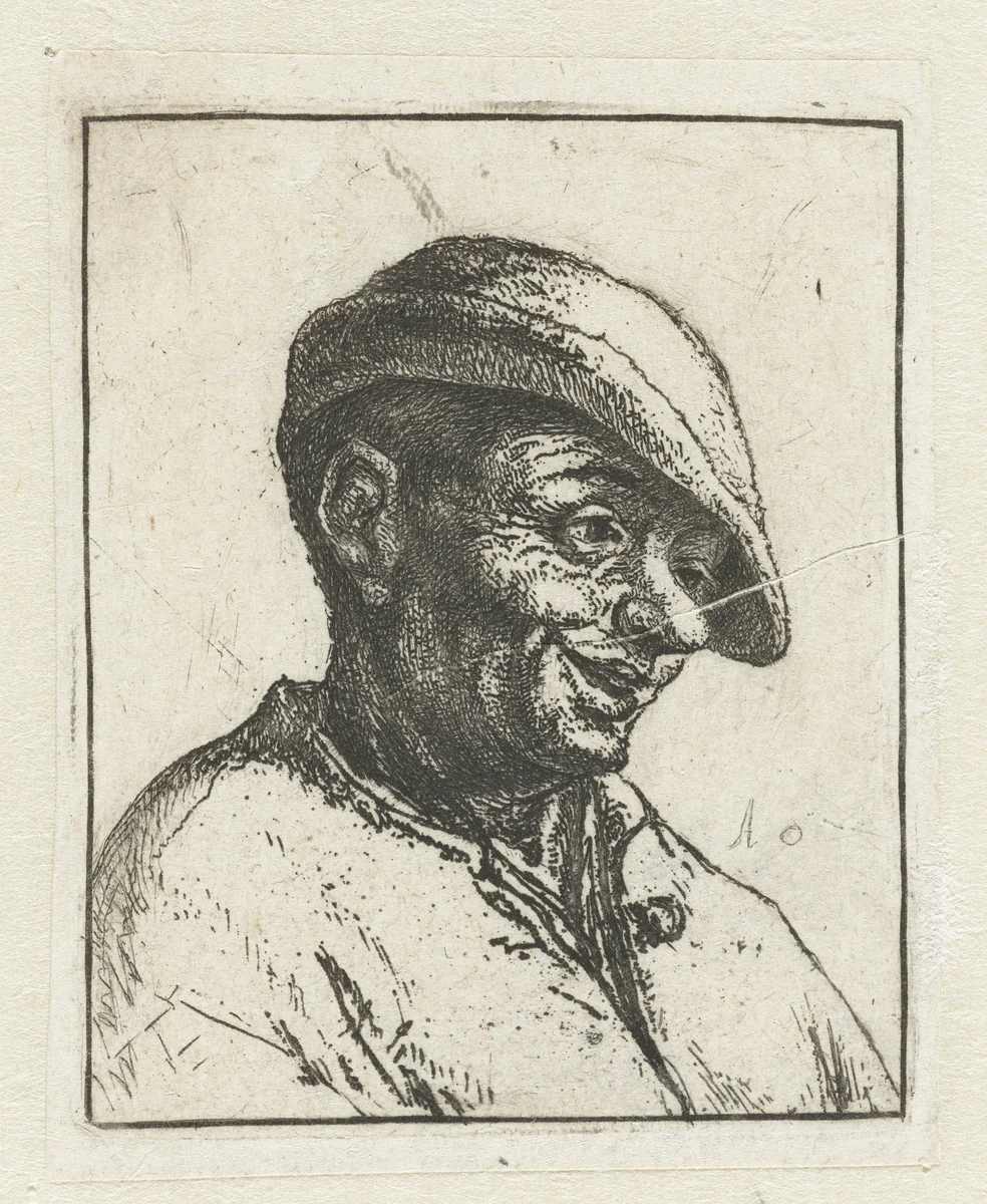 Buste van een lachende boer by Adriaen van Ostade, print, 1667-1677
