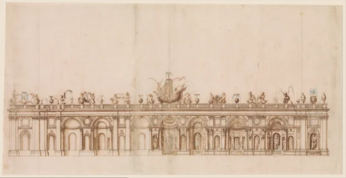 Design after a Fountain in the Villa Aldobrandini at Frascati. by Giovanni Guerra, drawing, 1590-1600